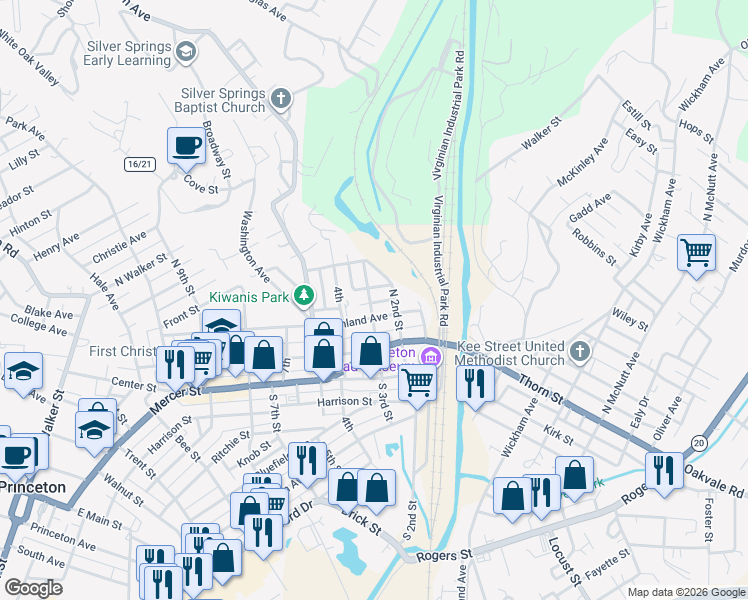 map of restaurants, bars, coffee shops, grocery stores, and more near 305 N 3rd St in Princeton