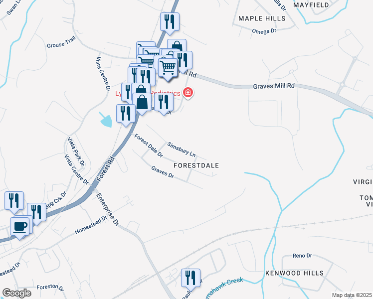 map of restaurants, bars, coffee shops, grocery stores, and more near 212 Simsbury Lane in Forest