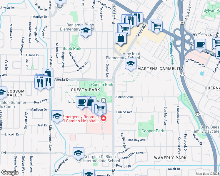 map of restaurants, bars, coffee shops, grocery stores, and more near 2094 Grant Road in Mountain View