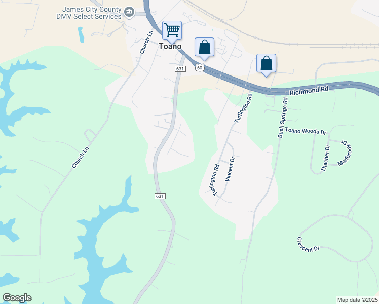 map of restaurants, bars, coffee shops, grocery stores, and more near 3325 Pinecrest Circle in Toano