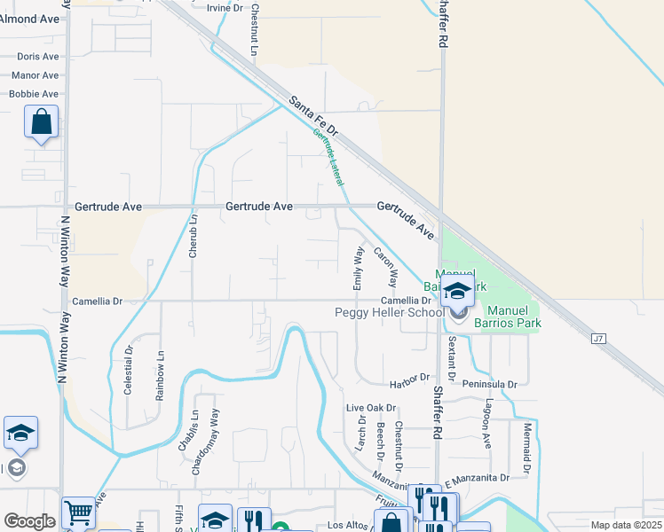 map of restaurants, bars, coffee shops, grocery stores, and more near 3531 Leah Way in Atwater