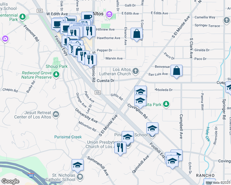 map of restaurants, bars, coffee shops, grocery stores, and more near 159 Giffin Road in Los Altos