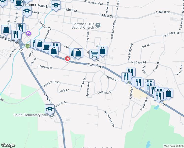 map of restaurants, bars, coffee shops, grocery stores, and more near 1225 Highland Drive in Jackson