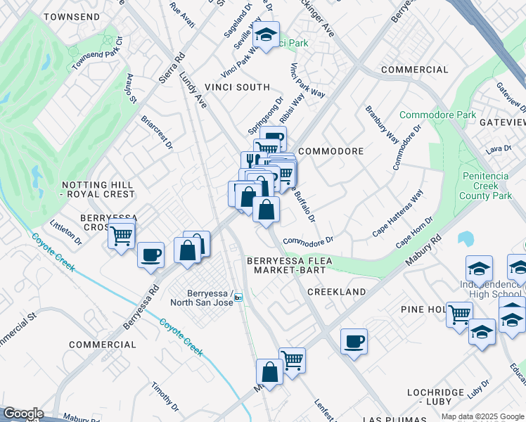 map of restaurants, bars, coffee shops, grocery stores, and more near 1686 Berryessa Road in San Jose