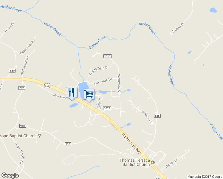 map of restaurants, bars, coffee shops, grocery stores, and more near 63 Lake Place in Lynchburg