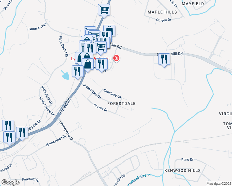 map of restaurants, bars, coffee shops, grocery stores, and more near 212 Simsbury Lane in Forest