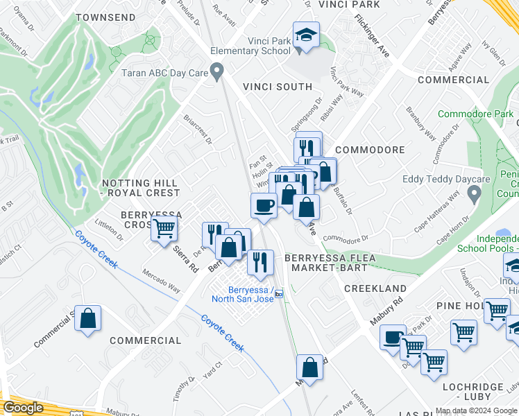 map of restaurants, bars, coffee shops, grocery stores, and more near 1637 Fern Pine Court in San Jose