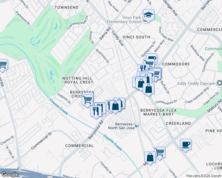 map of restaurants, bars, coffee shops, grocery stores, and more near 1646 Hittell Place in San Jose
