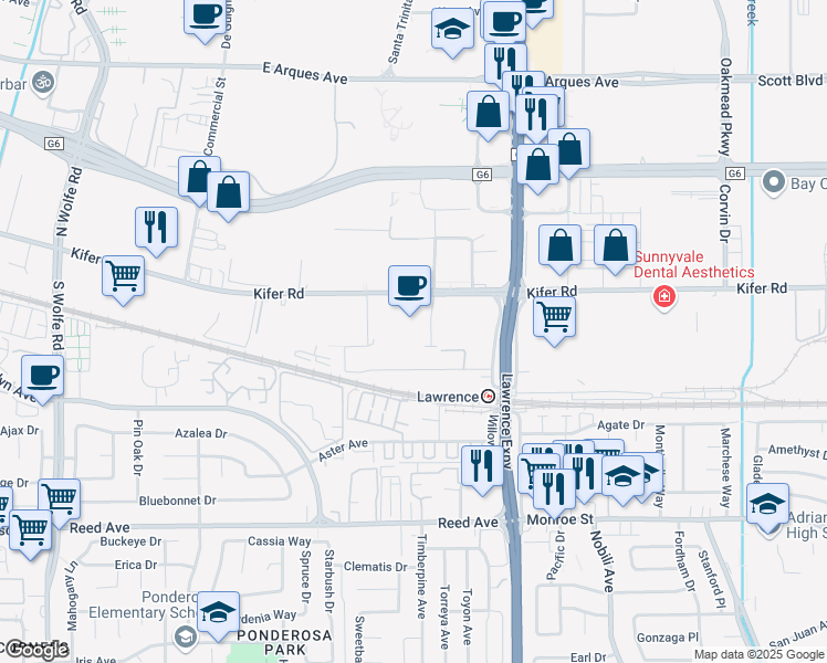 map of restaurants, bars, coffee shops, grocery stores, and more near 1124 Kifer Road in Sunnyvale