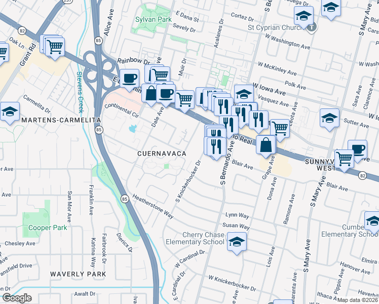 map of restaurants, bars, coffee shops, grocery stores, and more near 665 South Knickerbocker Drive in Sunnyvale