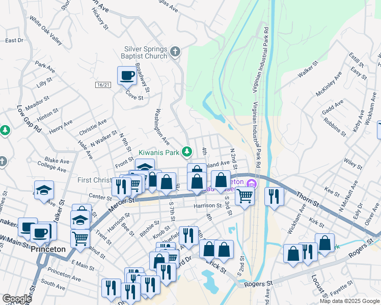 map of restaurants, bars, coffee shops, grocery stores, and more near 305 North 4th Street in Princeton