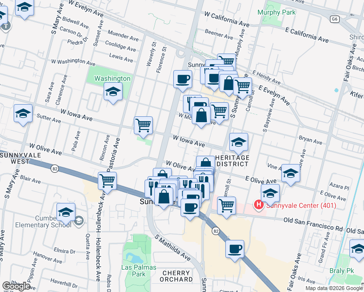 map of restaurants, bars, coffee shops, grocery stores, and more near 327 Polaris Terrace in Sunnyvale