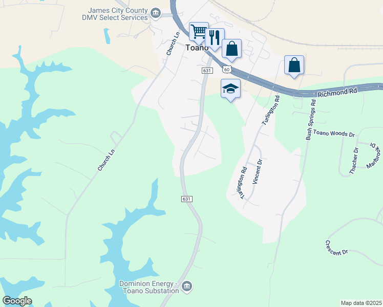 map of restaurants, bars, coffee shops, grocery stores, and more near 7632 Crestview Drive in Toano