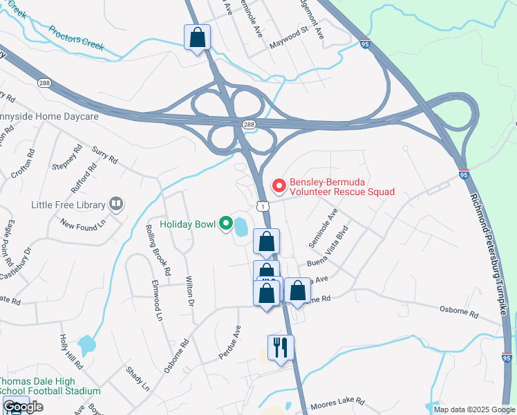 map of restaurants, bars, coffee shops, grocery stores, and more near 11402 Jefferson Davis Highway in Richmond