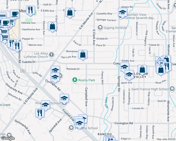 map of restaurants, bars, coffee shops, grocery stores, and more near 512 Arboleda Drive in Los Altos