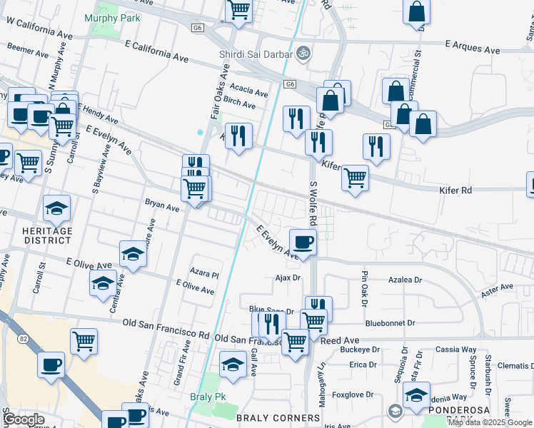 map of restaurants, bars, coffee shops, grocery stores, and more near 146 Incense Terrace in Sunnyvale