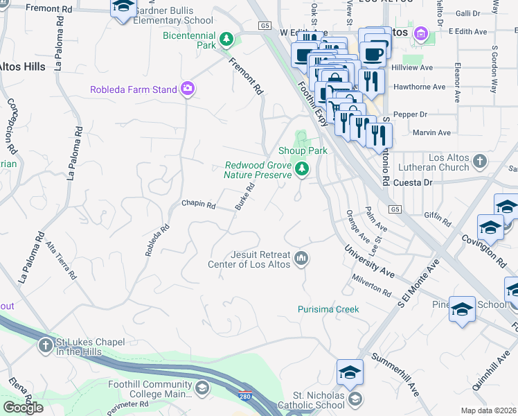 map of restaurants, bars, coffee shops, grocery stores, and more near 26020 Bentley Court in Los Altos Hills