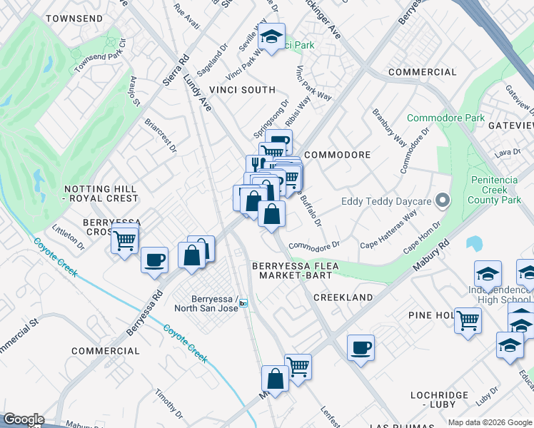map of restaurants, bars, coffee shops, grocery stores, and more near 1710 Berryessa Road in San Jose