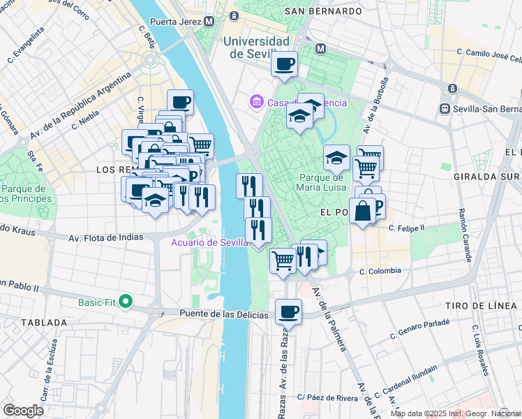 map of restaurants, bars, coffee shops, grocery stores, and more near 1 Avenida Santiago Montoto in Sevilla