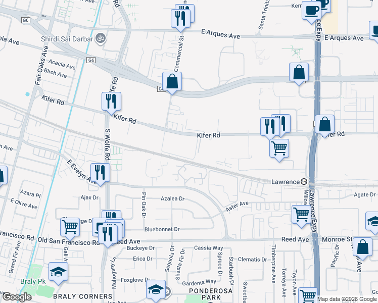 map of restaurants, bars, coffee shops, grocery stores, and more near 950 Kifer Road in Sunnyvale