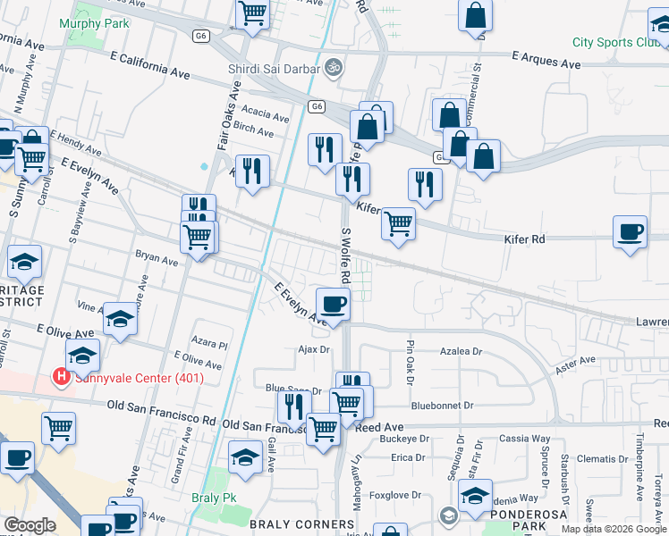 map of restaurants, bars, coffee shops, grocery stores, and more near 129 Paperbark Terrace in Sunnyvale