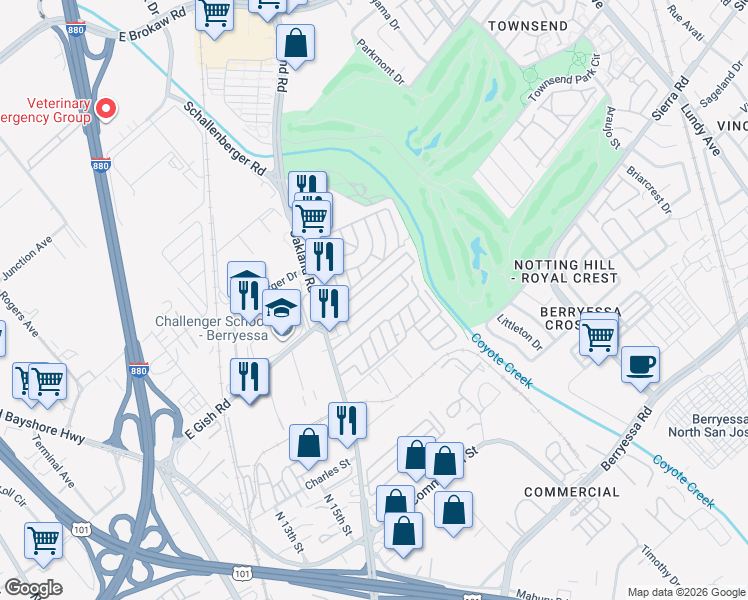 map of restaurants, bars, coffee shops, grocery stores, and more near 1358 Oakland Road in San Jose