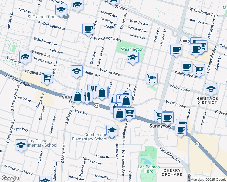 map of restaurants, bars, coffee shops, grocery stores, and more near 453 Peralta Avenue in Sunnyvale