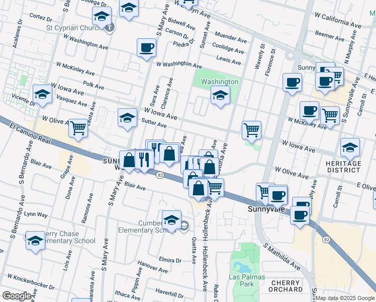 map of restaurants, bars, coffee shops, grocery stores, and more near 453 Peralta Avenue in Sunnyvale