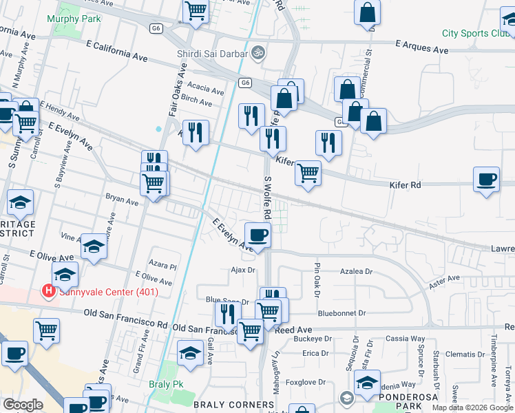 map of restaurants, bars, coffee shops, grocery stores, and more near 129 Paperbark Terrace in Sunnyvale