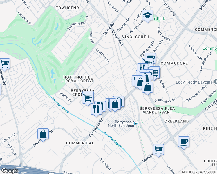 map of restaurants, bars, coffee shops, grocery stores, and more near 1038 Giacomo Lane in San Jose
