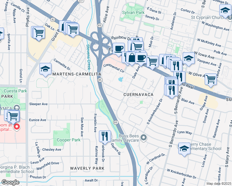 map of restaurants, bars, coffee shops, grocery stores, and more near 1200 Dale Avenue in Mountain View