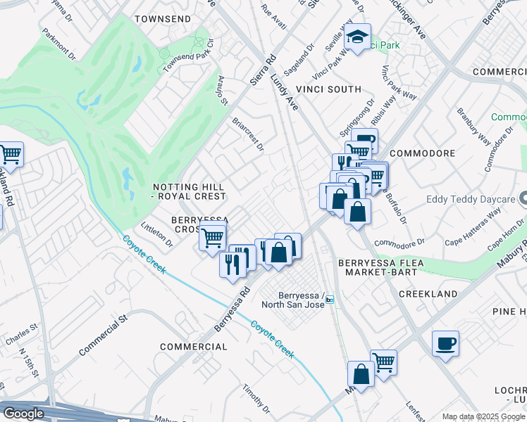 map of restaurants, bars, coffee shops, grocery stores, and more near 1038 Giacomo Lane in San Jose