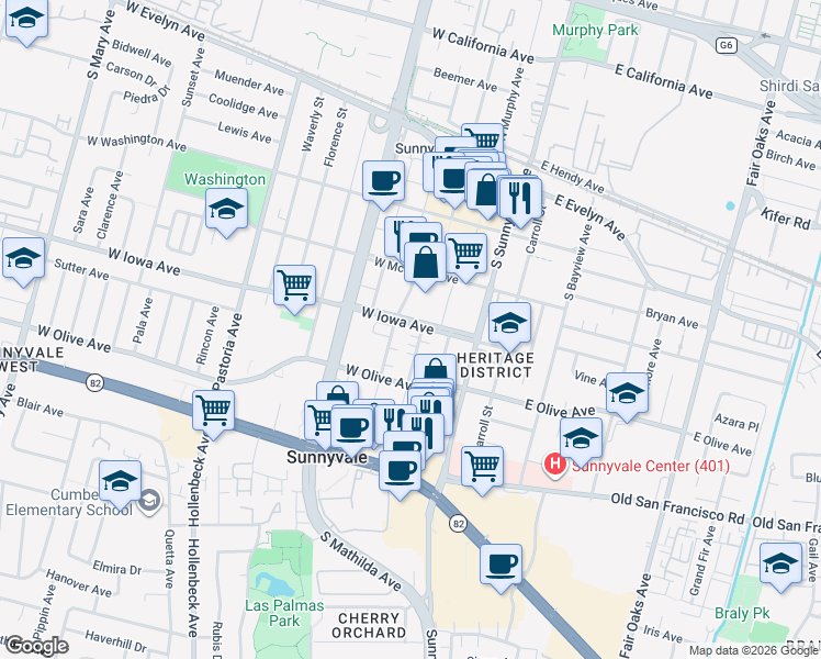 map of restaurants, bars, coffee shops, grocery stores, and more near 240 West Iowa Avenue in Sunnyvale