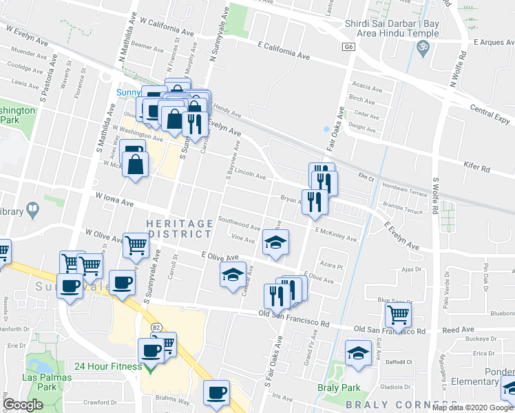 map of restaurants, bars, coffee shops, grocery stores, and more near 475 East McKinley Avenue in Sunnyvale