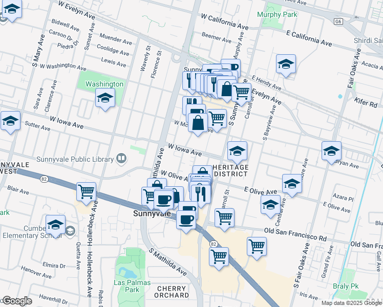 map of restaurants, bars, coffee shops, grocery stores, and more near 240 West Iowa Avenue in Sunnyvale