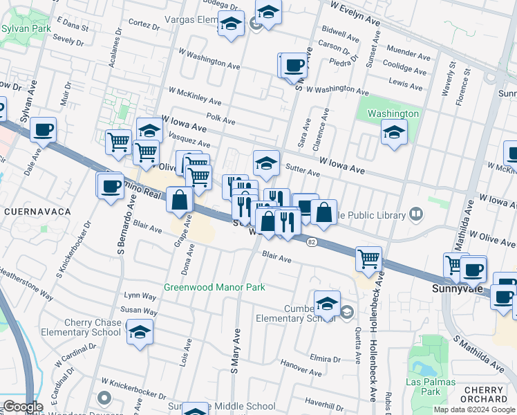 map of restaurants, bars, coffee shops, grocery stores, and more near 1014 West Olive Avenue in Sunnyvale