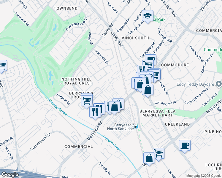 map of restaurants, bars, coffee shops, grocery stores, and more near 1652 Solari Place in San Jose
