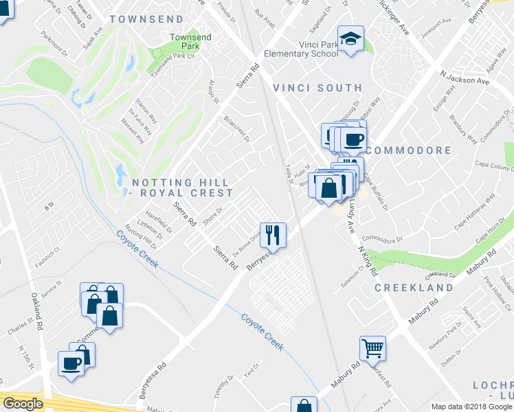 map of restaurants, bars, coffee shops, grocery stores, and more near 1652 Solari Place in San Jose