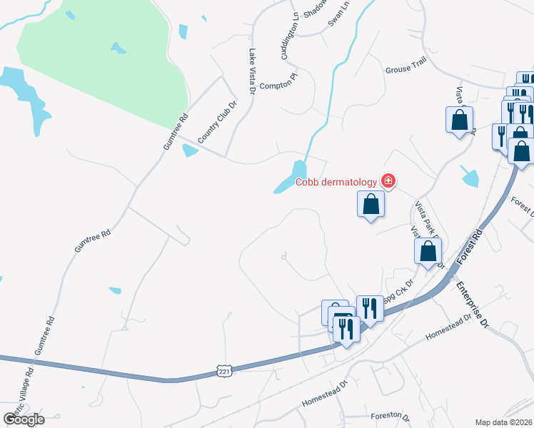 map of restaurants, bars, coffee shops, grocery stores, and more near 1458 Jefferson Drive West in Forest