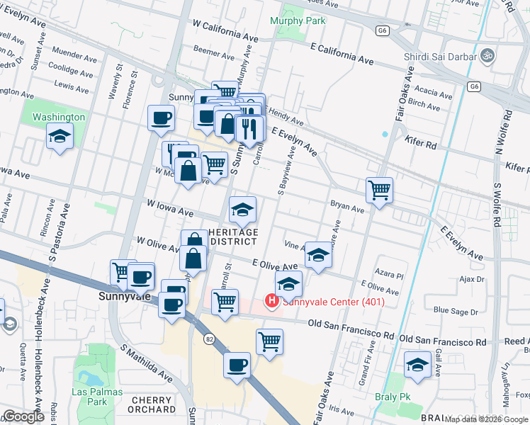 map of restaurants, bars, coffee shops, grocery stores, and more near 360 Flora Vista Avenue in Sunnyvale