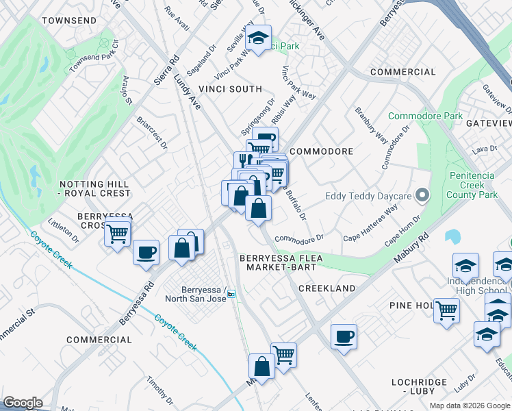 map of restaurants, bars, coffee shops, grocery stores, and more near 1710 Berryessa Road in San Jose