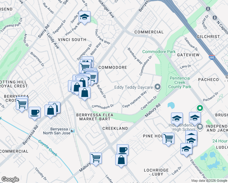 map of restaurants, bars, coffee shops, grocery stores, and more near 960 Cape George Place in San Jose