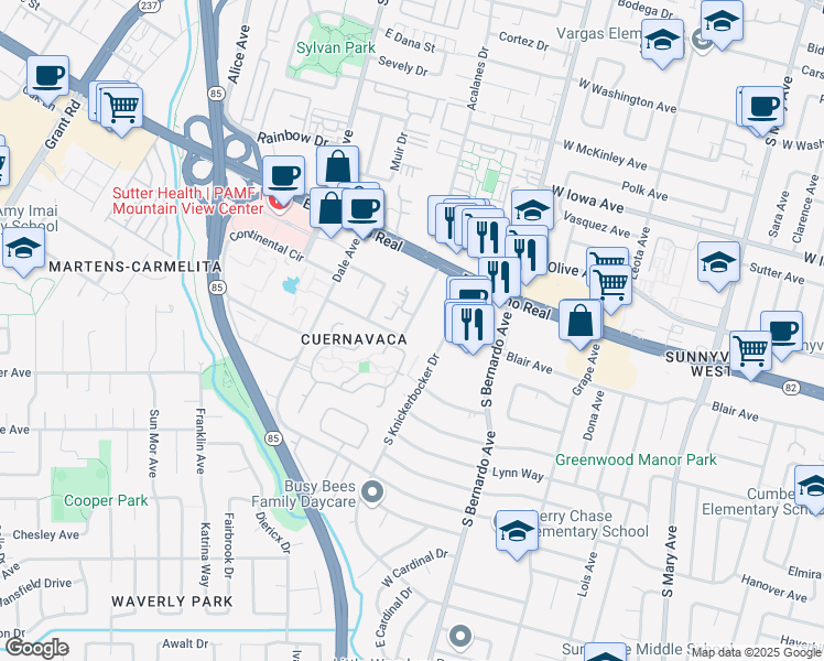 map of restaurants, bars, coffee shops, grocery stores, and more near in Mountain View