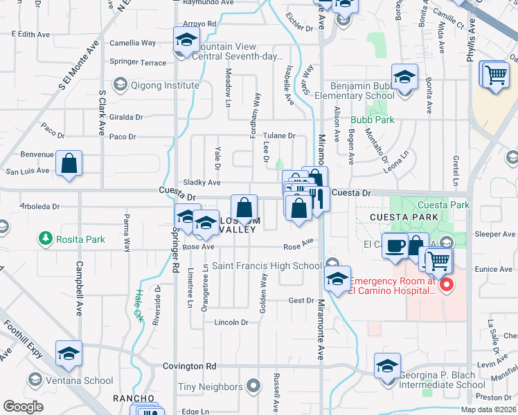map of restaurants, bars, coffee shops, grocery stores, and more near 1714 Cherrytree Lane in Mountain View