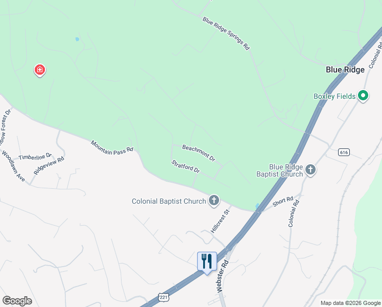 map of restaurants, bars, coffee shops, grocery stores, and more near 296 Stratford Drive in Blue Ridge
