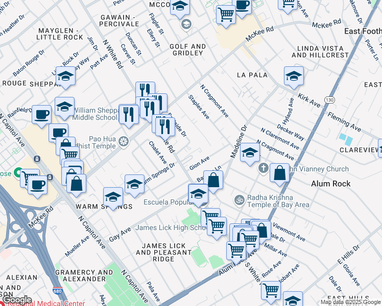 map of restaurants, bars, coffee shops, grocery stores, and more near 220 North White Road in San Jose