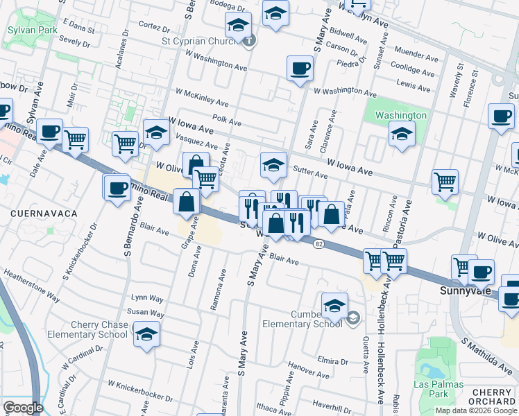 map of restaurants, bars, coffee shops, grocery stores, and more near 1005 West El Camino Real in Sunnyvale