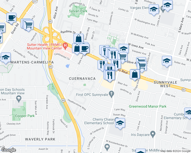 map of restaurants, bars, coffee shops, grocery stores, and more near 665 South Knickerbocker Drive in Sunnyvale