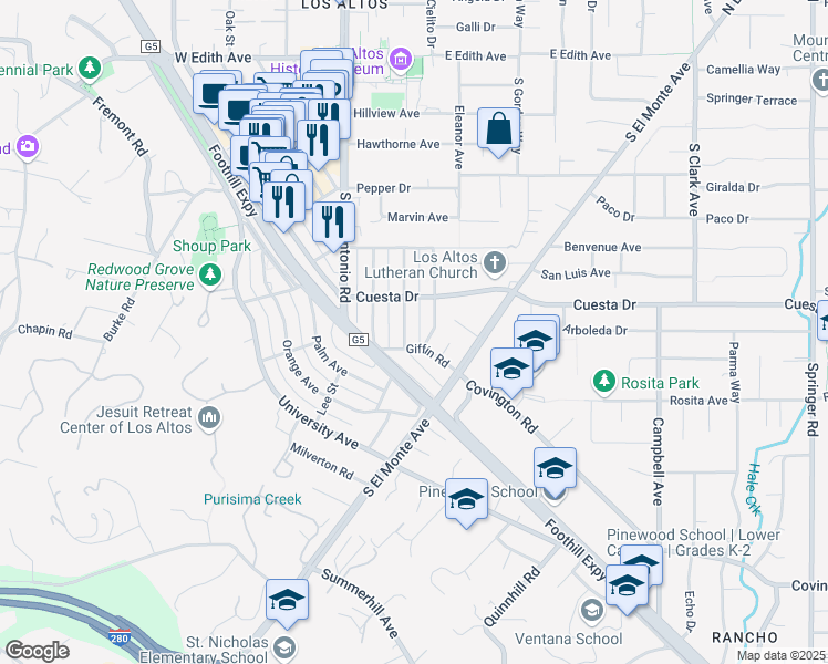 map of restaurants, bars, coffee shops, grocery stores, and more near 584 Lassen Street in Los Altos