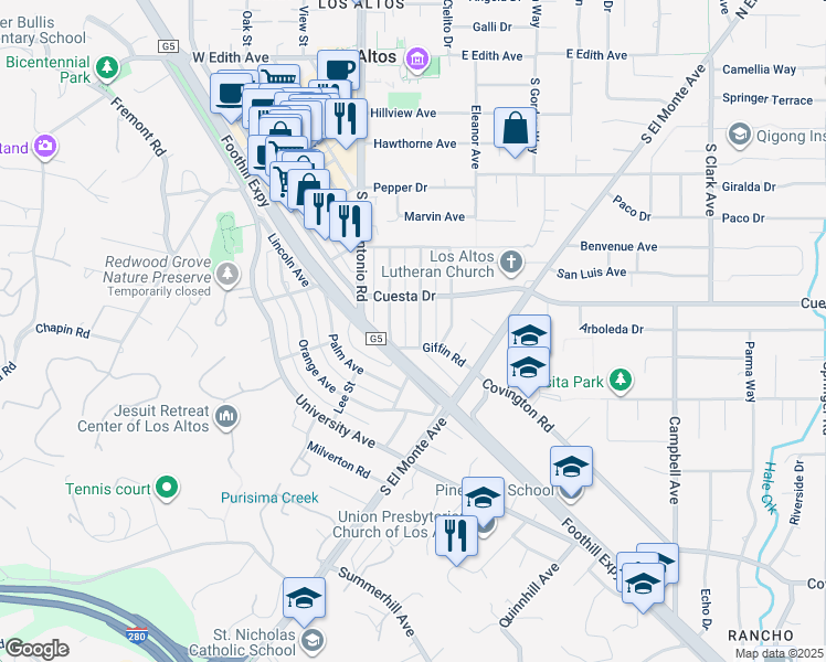 map of restaurants, bars, coffee shops, grocery stores, and more near 584 Lassen Street in Los Altos